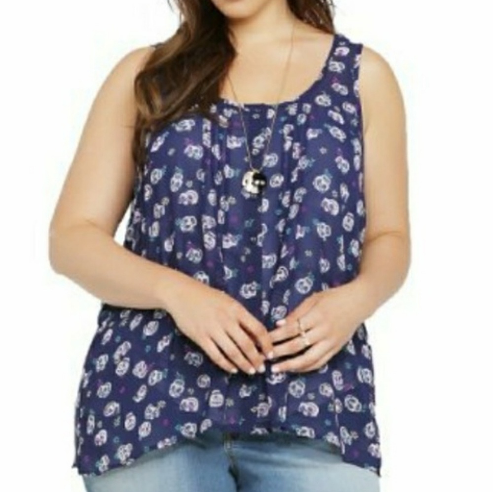 Skull Print Pintucked Chiffon Tank Top